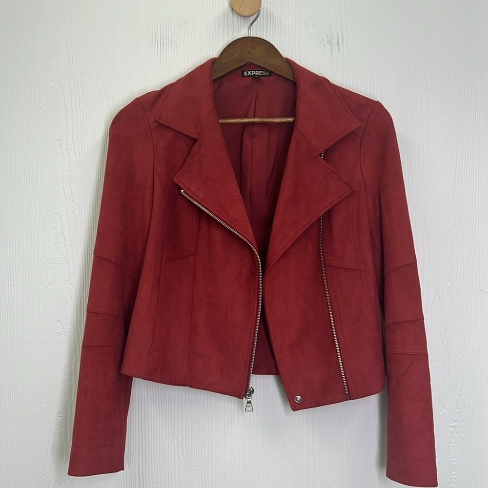 Express - Red Faux Vegan Suede Moto Long Sleeve Lined  Zipper Jacket Size XS - Picture 9 of 13